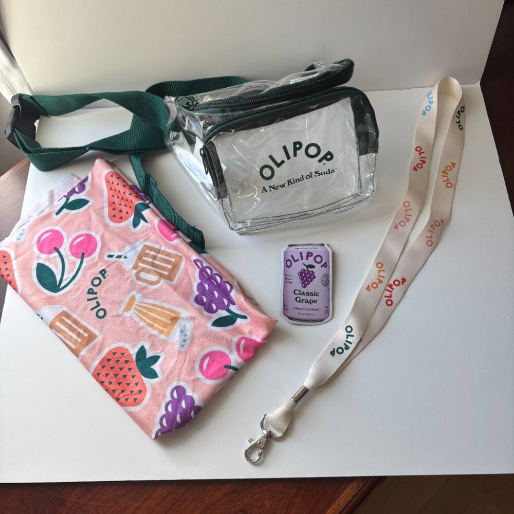 Olipop Merch Clear Fanny Pack, Lanyard, Classic Grape Magnet, Cooling Towel